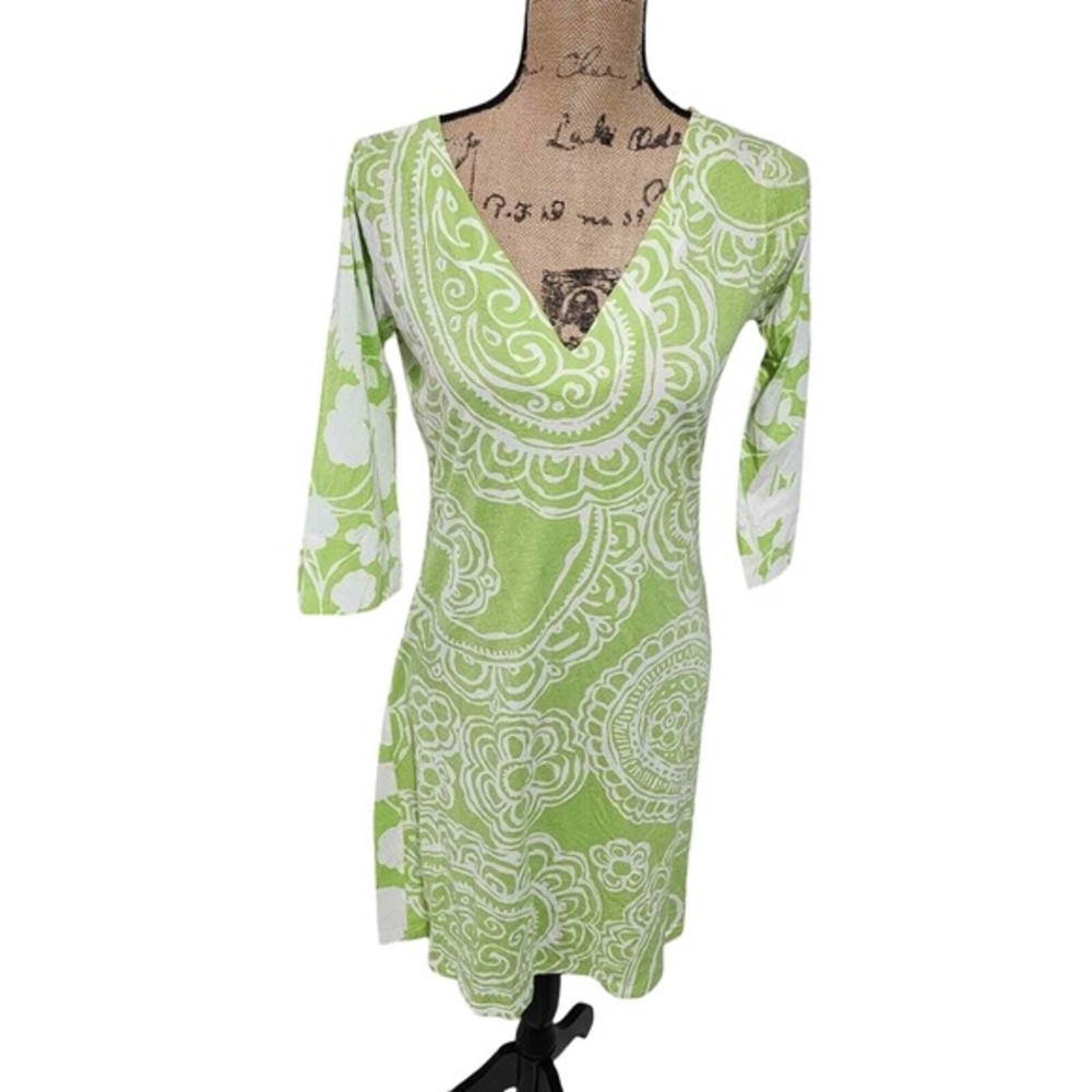 Soft Surroundings Classic Dress Womens S Green White Paisley‎ Floral V-Neck Knit